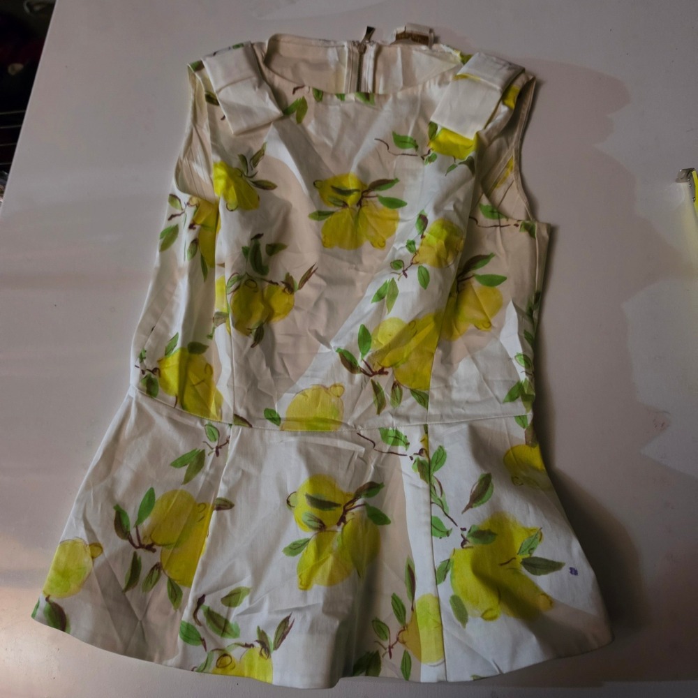 Kate Spade New York Lemon Print Peplum Top Sleeveless Bow Shoulder Blouse Size 2